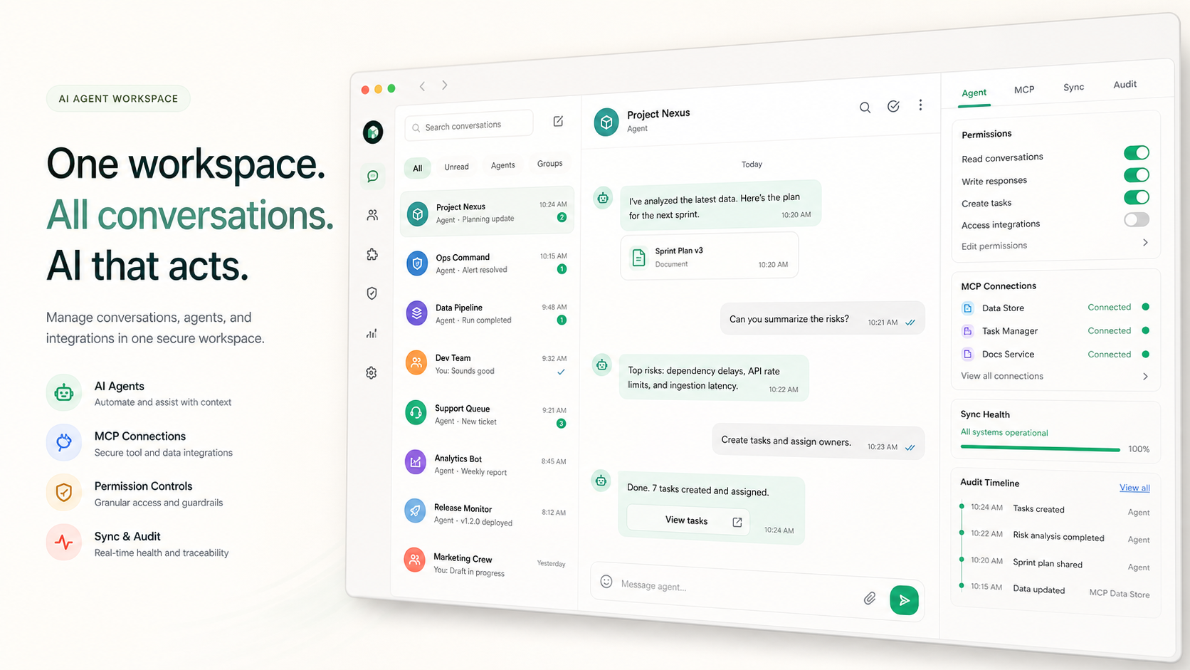 WAMCP agent workspace showing WhatsApp-style chats, agent permissions, MCP connections, sync health, and audit timeline.